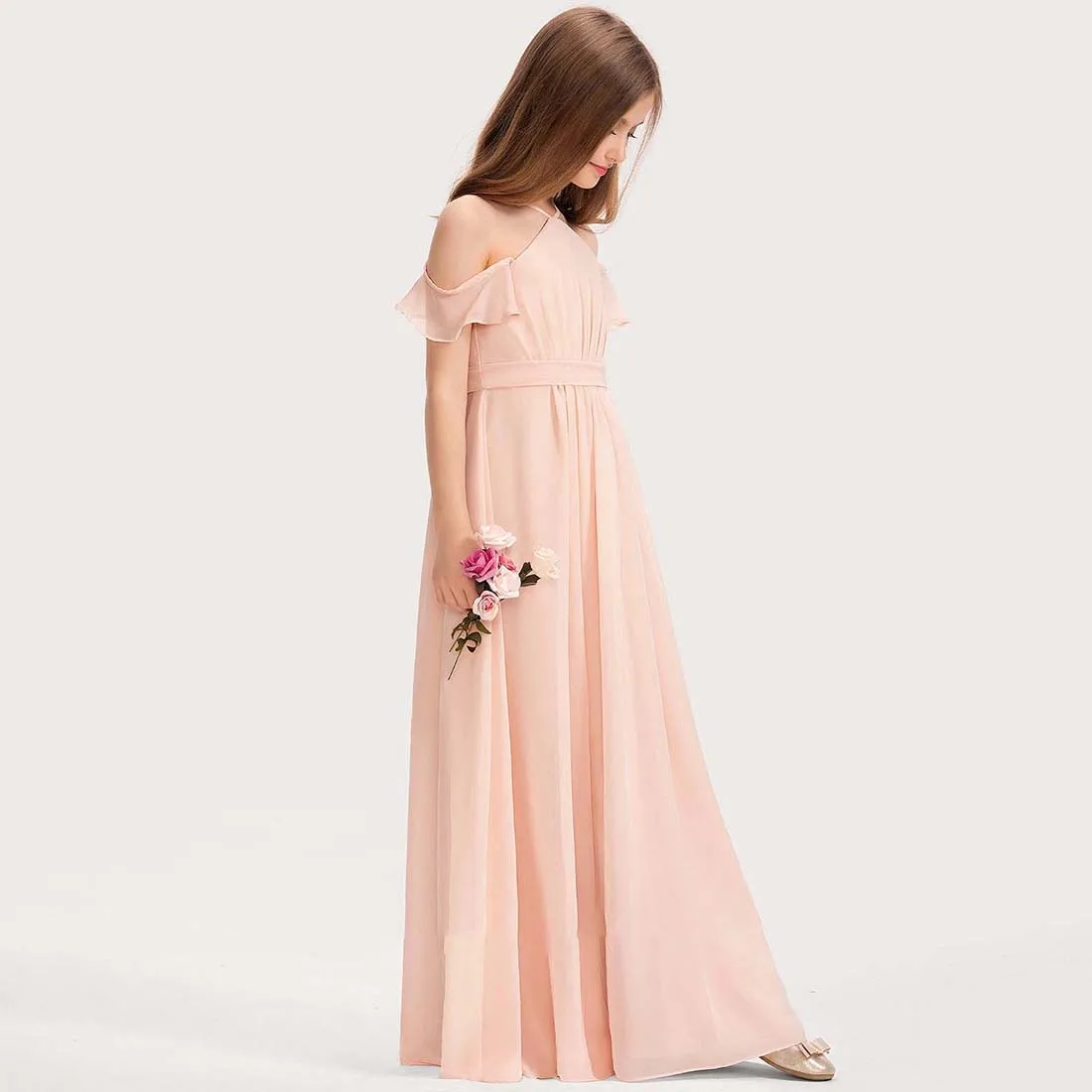 YZYmanualroom Chiffon Junior Bridesmaid Dress With Bow A-line Halter Floor-Length 2-15T