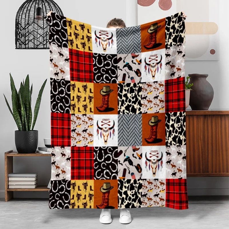1pc Western Cowboy Pattern Flannel Blanket, Lightweight and Soft Throw Blanket, Gift Blanket for Family and Friends. Mother's Da