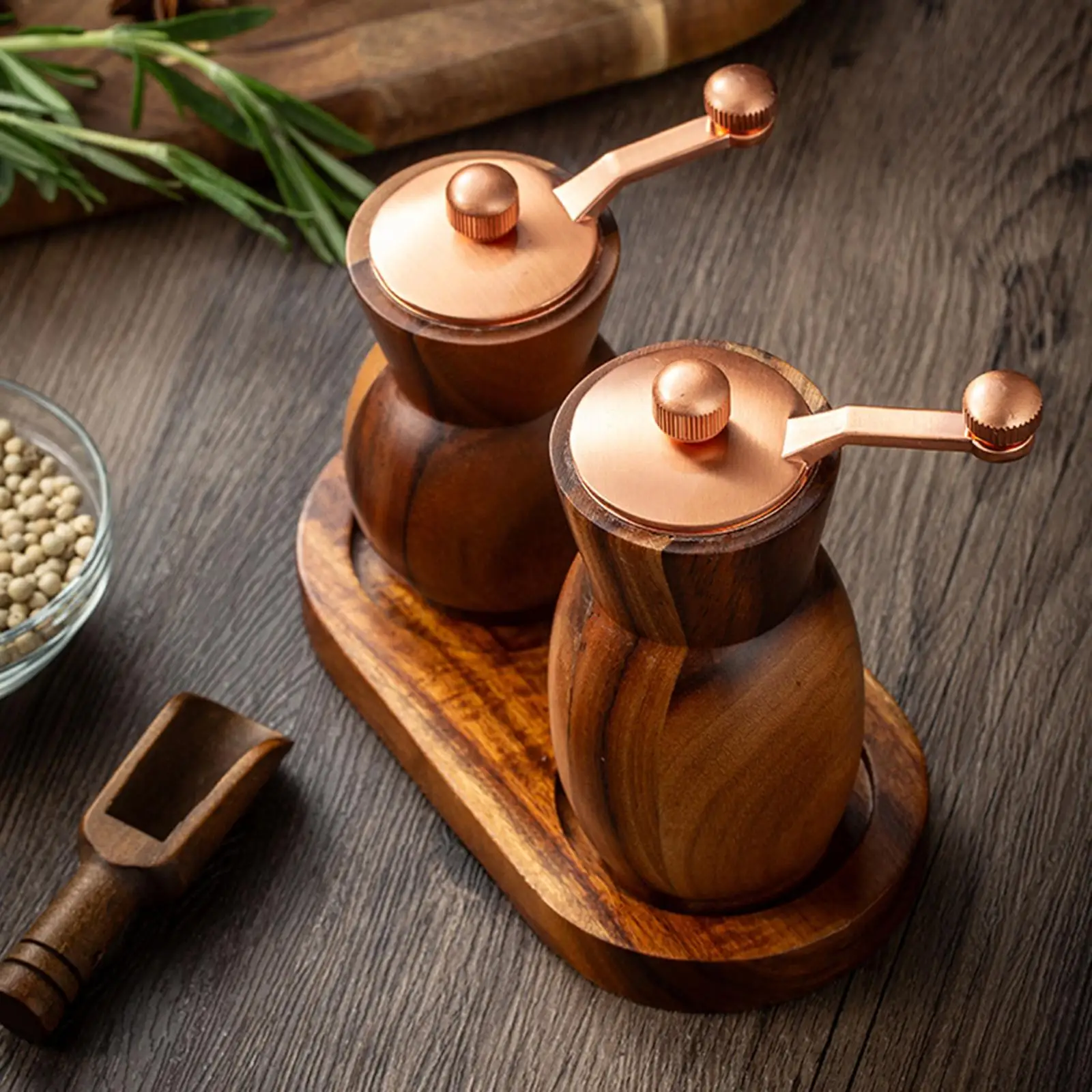 Refillable Acacia Pepper Mill and Salt Shaker Modern Spice Grinder Set with Holder for Tabletop Use