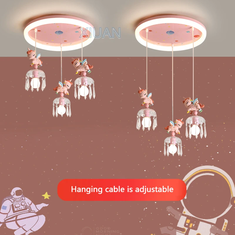 Cartoon Pegasus Lamp Pink Princess Room Ceiling Light Resin Unicorn Astronaut Kids Bedroom Hanging Lamps Baby Girl Children Lamp