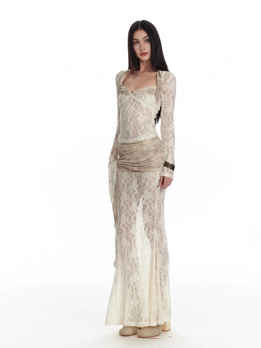 REDDACHiC Women Shrug Top Skirt Set Floral Lace See Through Long Sleeve T-shirt Mermaid Flowy Maxi Skirt Festival Party Costumes