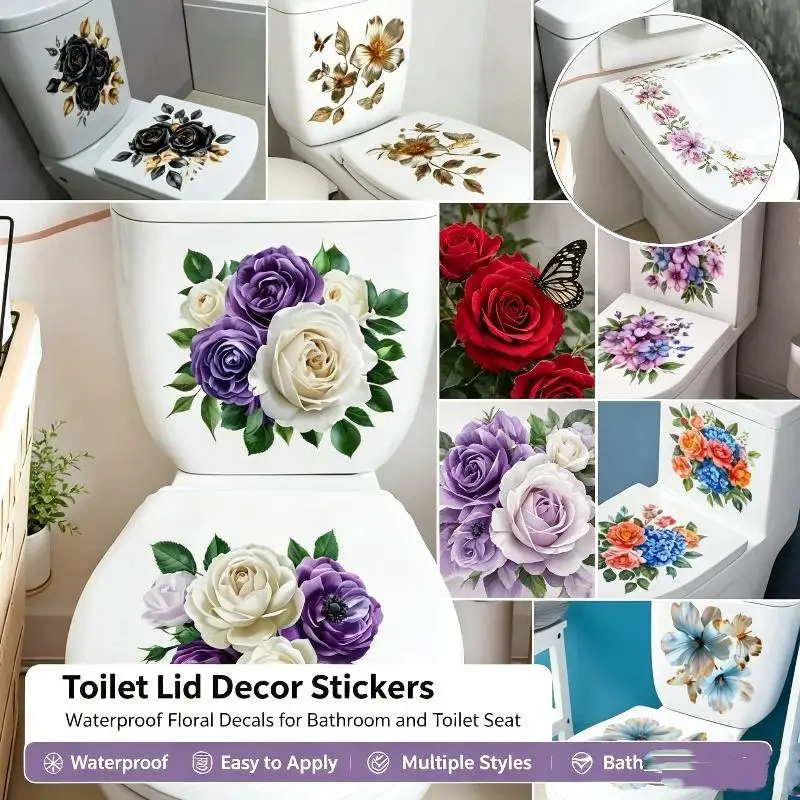 2 Sheets/SET  Rose Floral Toilet Stickers, Removable Waterproof Bathroom Toilet Seat Decals, Toilet Lid Decor For Bathroom Reno