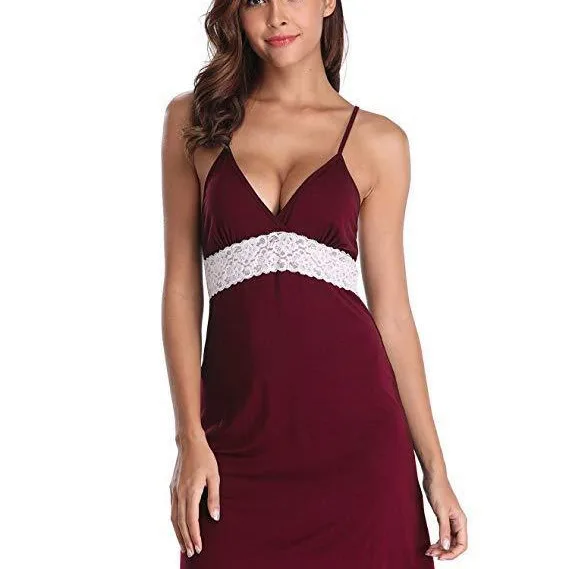 

Women's Fashionable Silk Satin Patchwork Lace Suspender with Back Lace Decoration Summer Dress for Home Pajamas