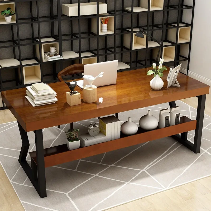 for Simple Double Layer Manager Solid Wood Desk Office Meeting Rectangular Boss Table Single Wrought Iron Negotiation Table