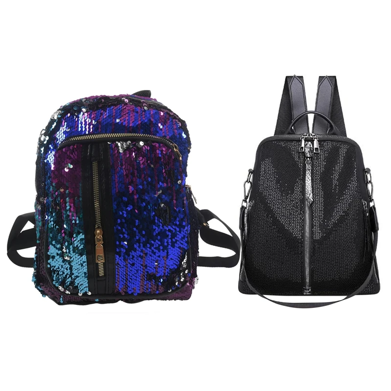 

1X Backpack Casual Student Bag Women's Nylon Black Sequin Backpack Female & 2Pcs Teenage Bling Glitter Sequins Backpack Girls Ru