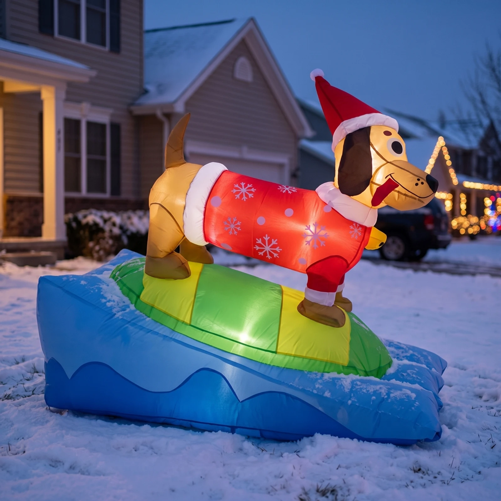 Christmas Inflatable Dachshund Outdoor Inflatable Dog with Surfboard Inflate Dachshund Festive Yard Decoration LED