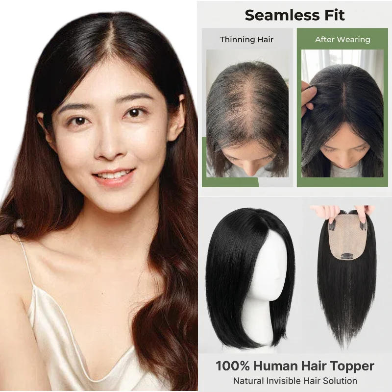 女性用100-人毛ヘアピース-シルクベース-ミドルパート-25cm-30cm-35cm-自信を高め、瞬時にボリュームアップ