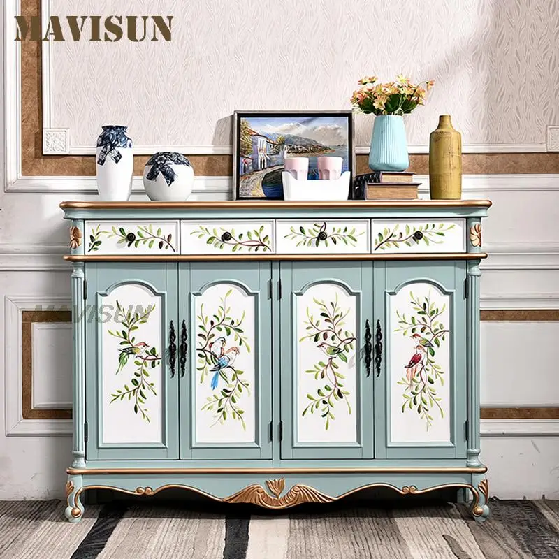 Pastoral Living Room Sideboard Light Luxury Painted Sundry Storage Shoe Cabinet Small Apartment Home Furniture Kitchen Cupboard