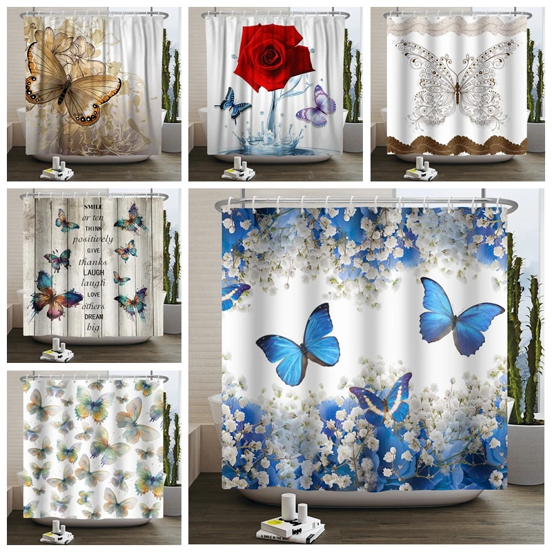 Elegant Flowers Butterfly Shower Curtain Morden Art Floral Girl Waterproof Fabric Bathroom Curtain Room Decor Curtain With Hooks