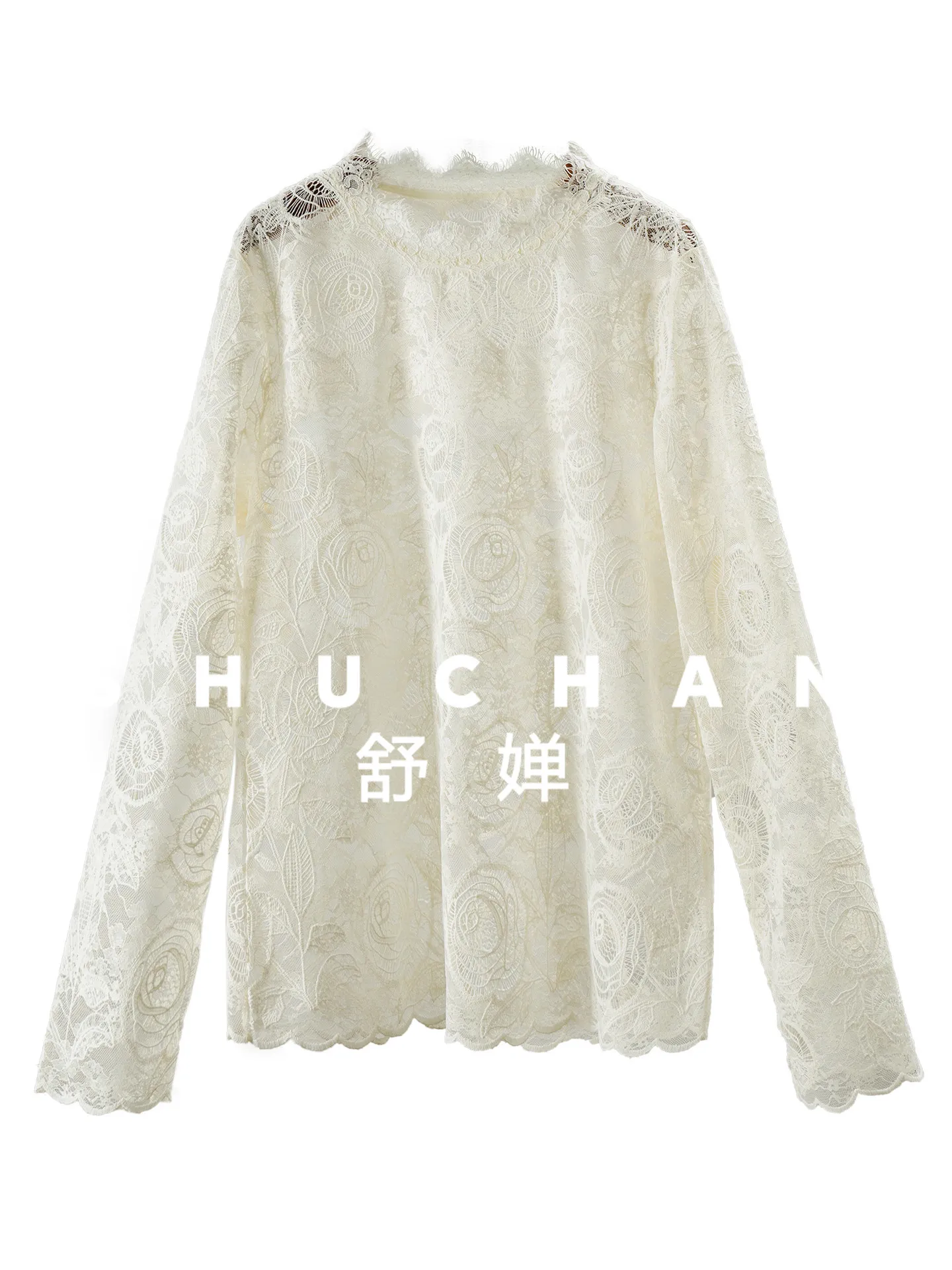 

New 2026 Light Ripe Small Sexy Micro Transparent Hollow Lace Crew Neck Shirt T-Shirt Women's See Though Long Sleeve Top 02K5