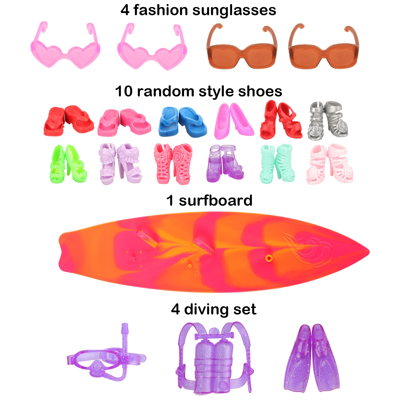 Barwa 32 Items Fashion Doll Clothes=10 Swimsuit+10 Shoes+4 Diving+3 Laps+1 Skateboard+4 Glasses For 11.5 inch Doll