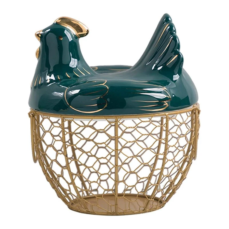 Egg Storage Basket Metal Wire Fruit Basket With Chicken Shape Lid Ceramic Egg Holder, Storage Holds 30 Eggs