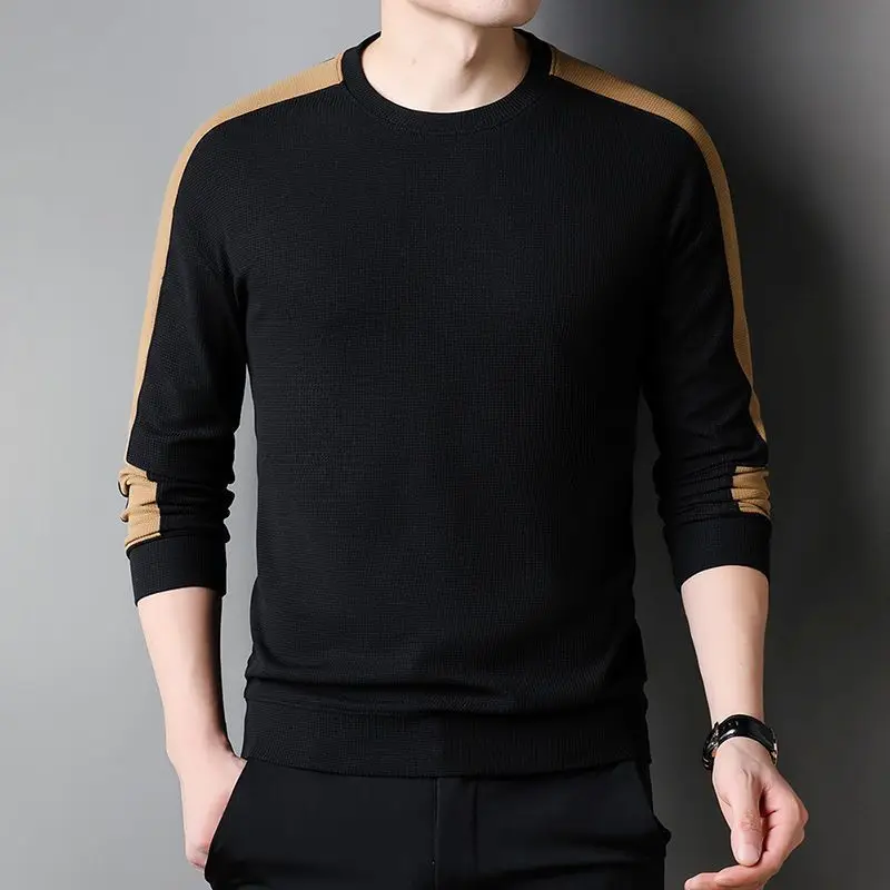 Fashion Men Long Sleeve Knitted T-Shirt Korean Streetwear Business Spring Autumn New Round Neck Casual Male Clothes Tops 2023