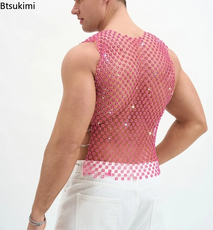 New Men's Vintage Sequin Glitter Shinny Camisoles Summer Sleeveless V Neck See Through Mesh Tank Tops Men's Hollow Out Crop Vest