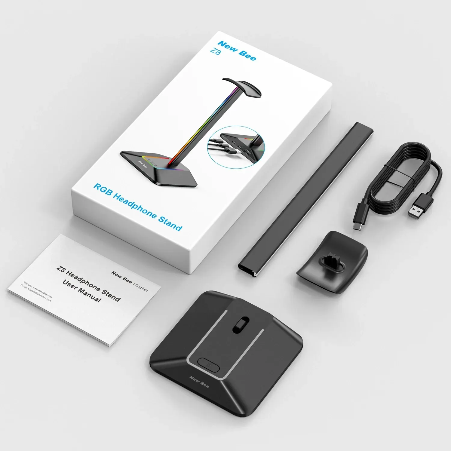 New Bee Z8 RGB Headphones Stand Holder Desk Gaming Headset Cool Display With 2 USB Ports Holder Non-Slip Rubber Base for Gamer image 6