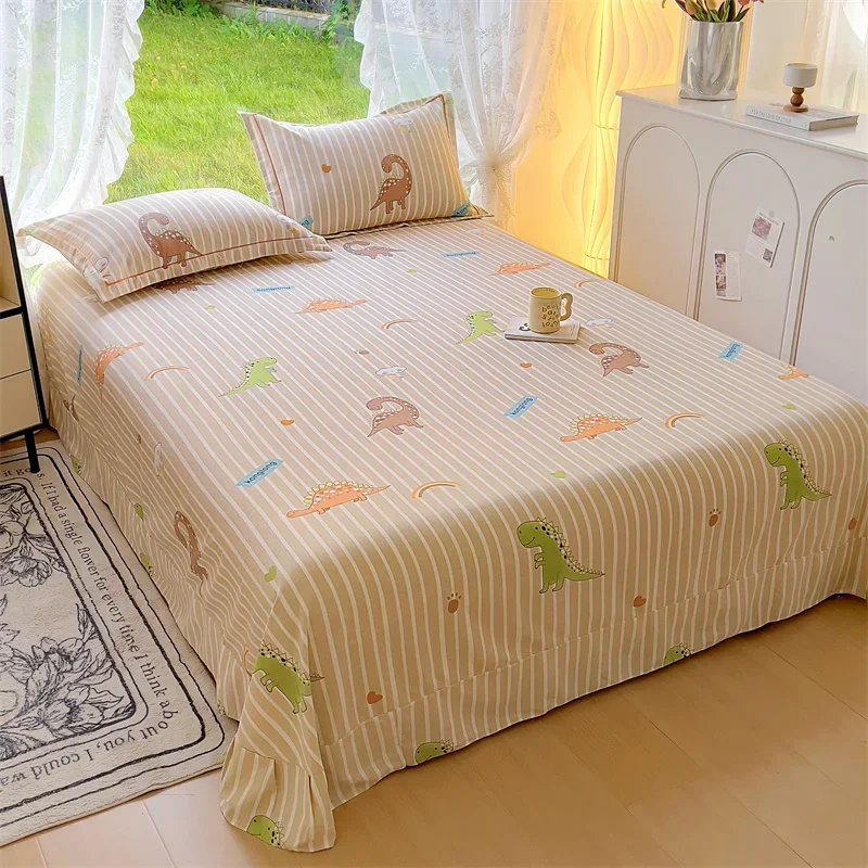 Cartoon Dinosaur Cotton Bed Sheet Set Khaki and White Striped Thick Warm Bedding with 2 Pillowcases Colorful Animal Print Sheet