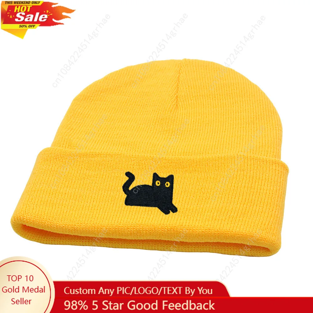 

Autumn and winter warm knitted pullover hat for men and women, cute black cat pattern embroidered yarn beanie hat