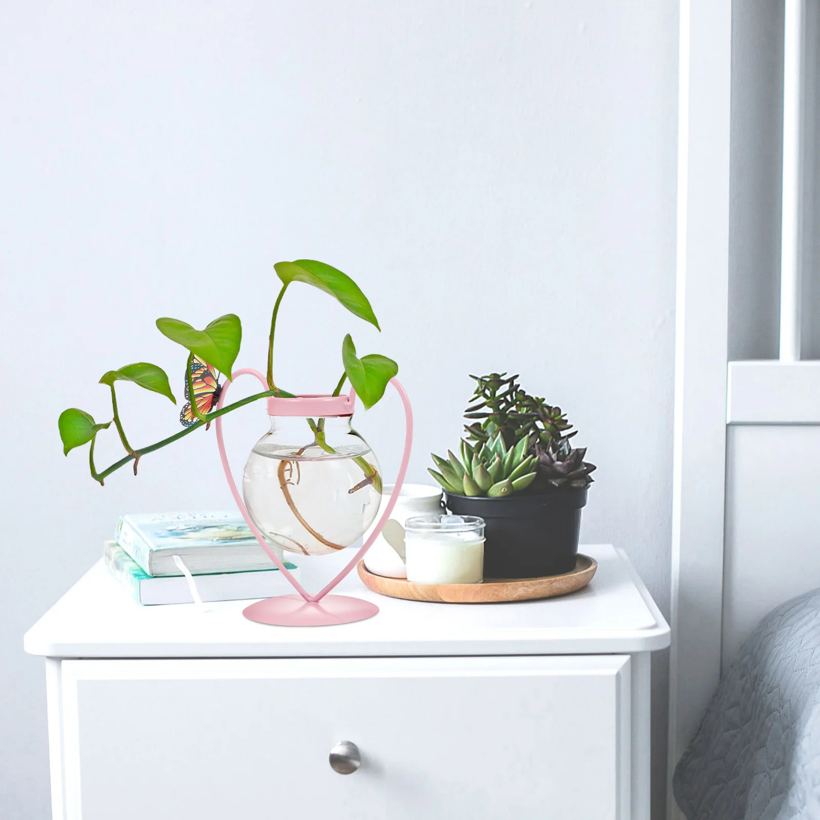 

Heart Glass Hydroponic Vase Flowerpot Iron Art Rack Stable Base Suitable for Desktop Succulent Plant Decoration