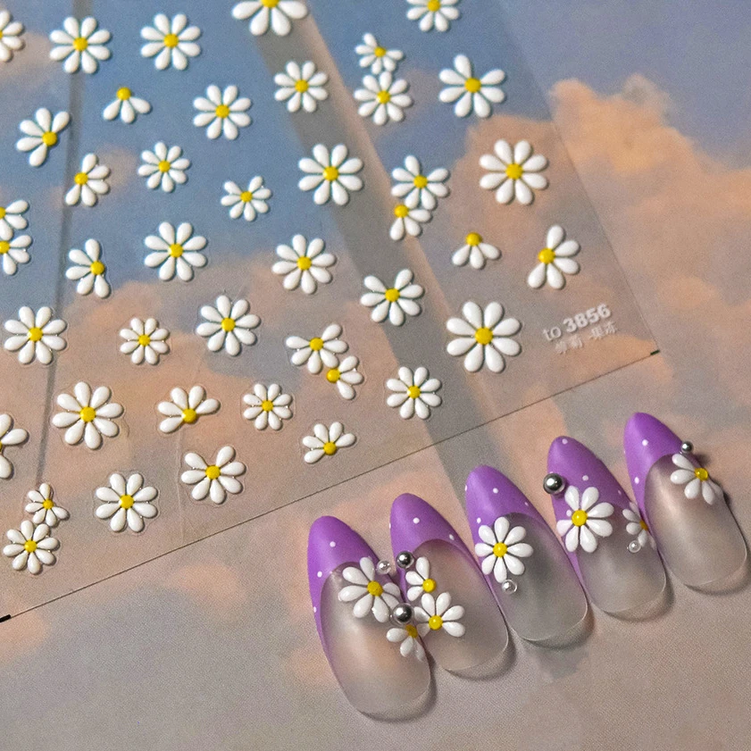 Lovely Jelly White Daisy Flower Peach Blossom Colorful Rhinestones 3D Self Adhesive Nail Art Decoration Stickers Manicure Decals