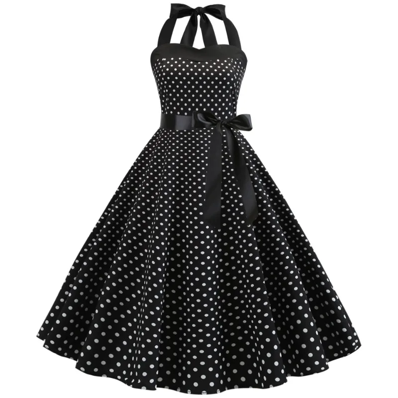 

2025 New Spring Summer Sexy Retro White Polka Dot Dress Hepburn Women Vintage Halter Party Dresses 1950s Pin Up Rockabilly Robe