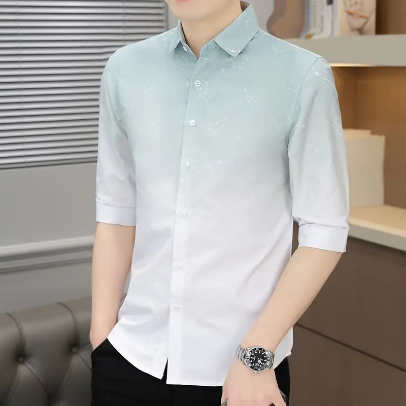Mens Lapel Collar Gradient Printed Three Quarter Sleeve Shirt Slim Fit Button Up Casual Dress Top
