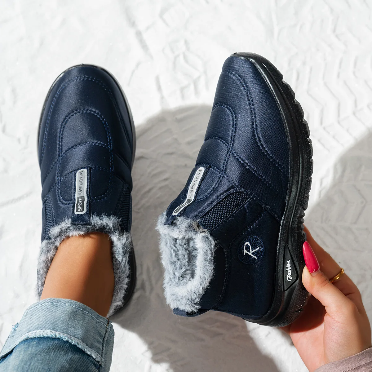 Damen-Knöchel-Schneestiefel, wasserabweisend, mit Plüsch gefüttert, seitlicher Reißverschluss, rutschfeste flache Sohle, warme, lässige Winter-Kurzstiefel – Detail 7