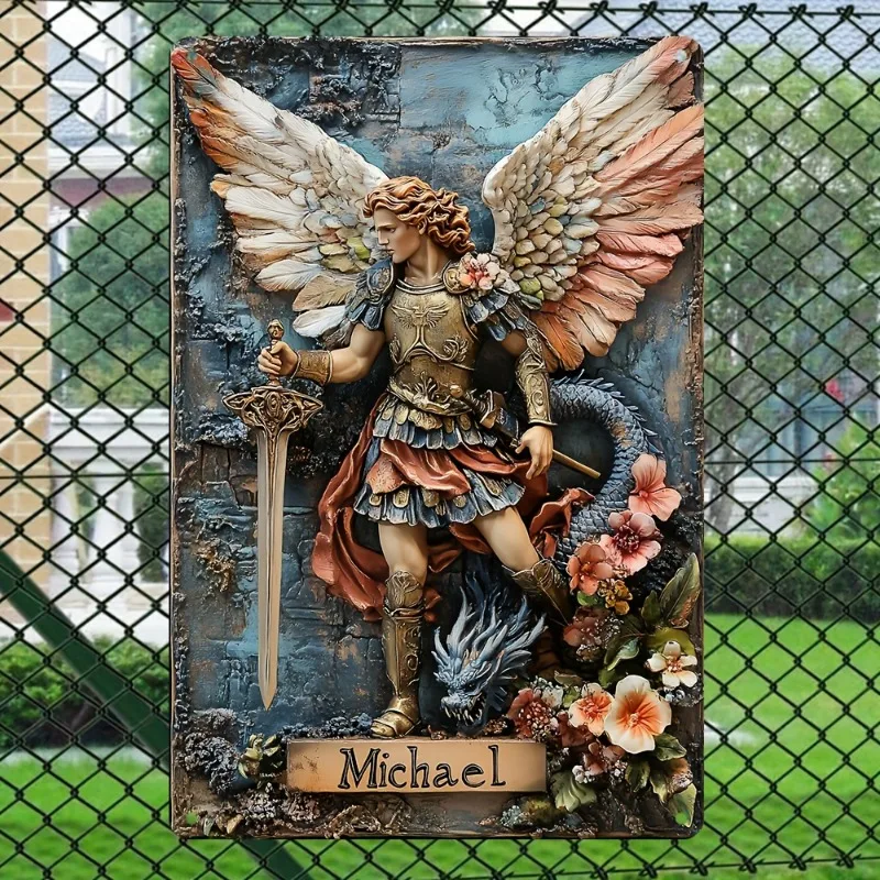 Vintage Archangel Michael Aluminum Sign, Retro Metal Wall Decor for Home, Office, Cafe & Garden, 8x12 Inch, Unique Gift Idea