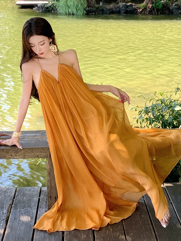 Beach Vaion Sle V-Ne Strapl Long Dr Ele Unique Fairy T Gonna Estate 2026 Abito a trapezio di lunghezza midi