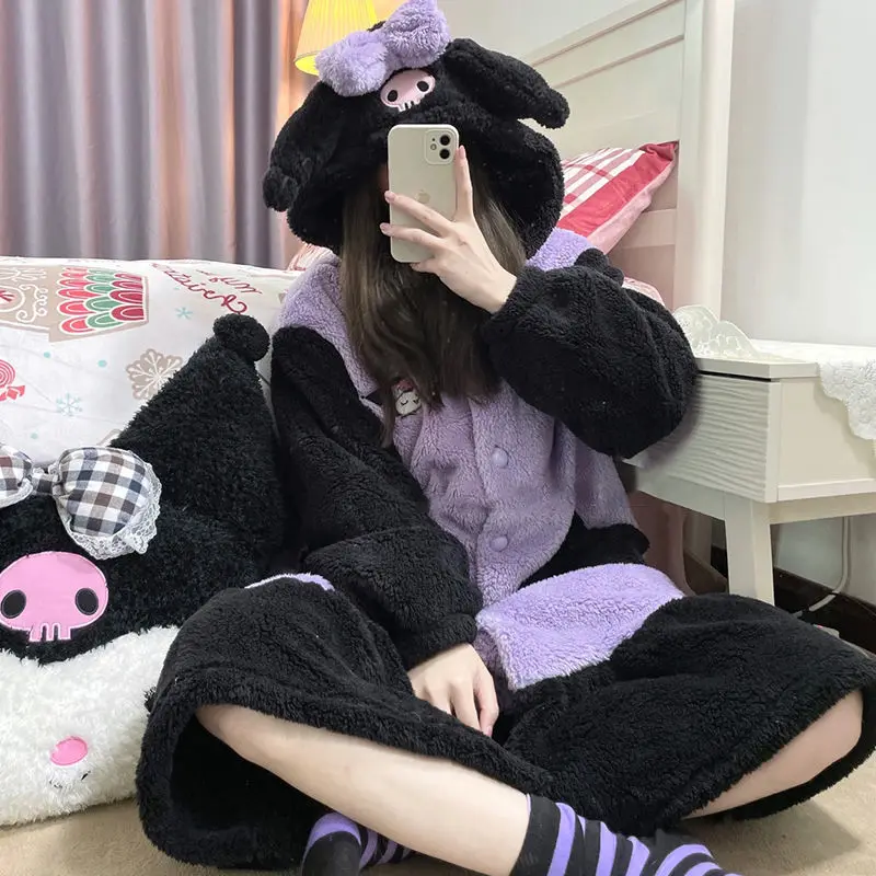 Sanrioed 2Pcs Cinnamoroll Plush Pajama Set Cartoon Kuromi My Melody Kawaii Winter Hooded Long Style Home Clothes Thicken Pants