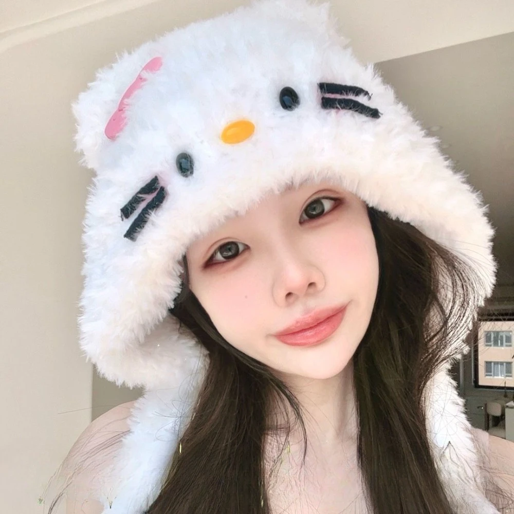 Hello Kitty Hat Miniso Cartoon Embroidered Cold Wind Resistant Ear Protection Hat for Girl Thickened Warm Riding Plush Strap Hat