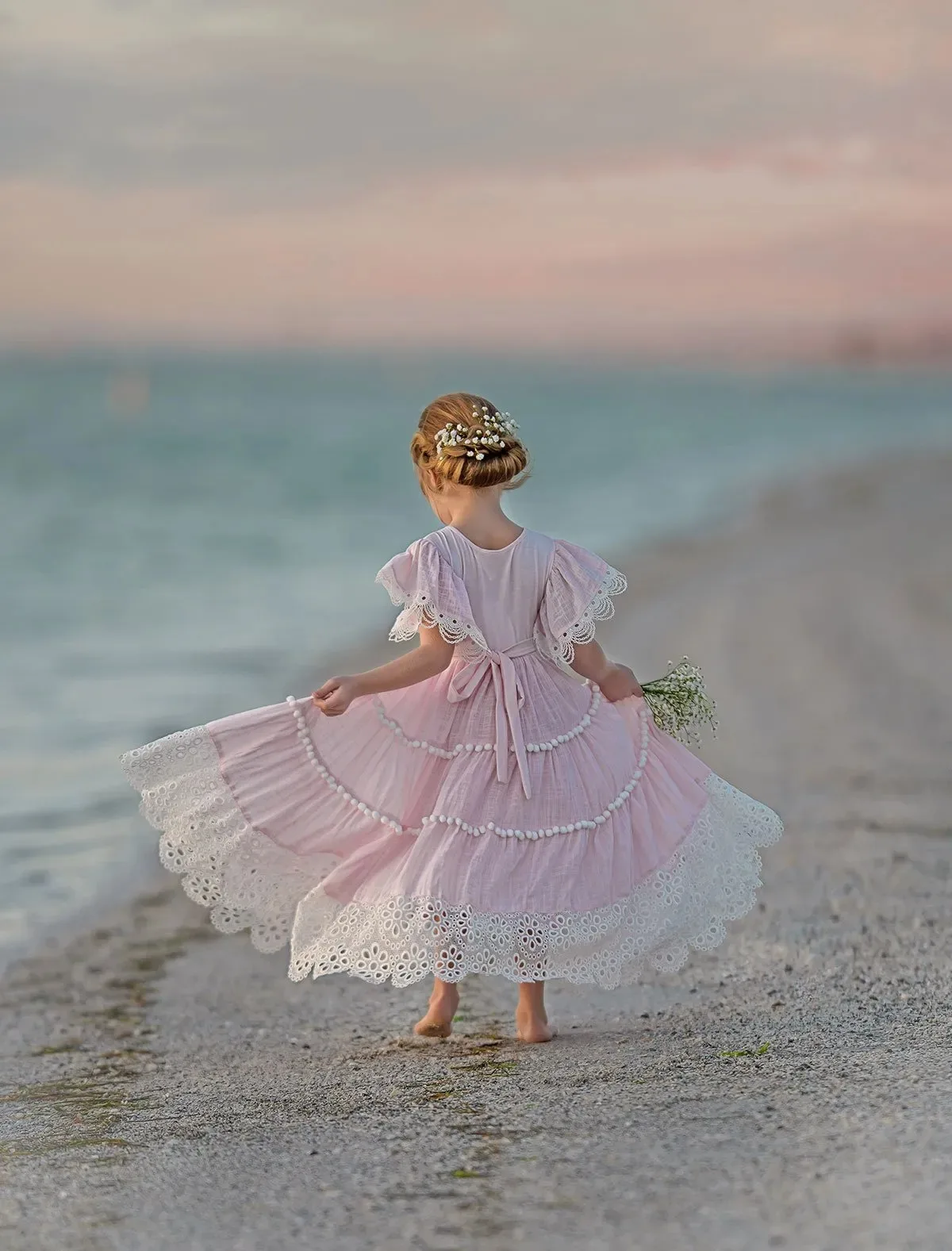 

Pink Lovely Flower Girl Dresses for Wedding Lace Floor length Girl Birthday Party Formal First Communion Gowns Customized