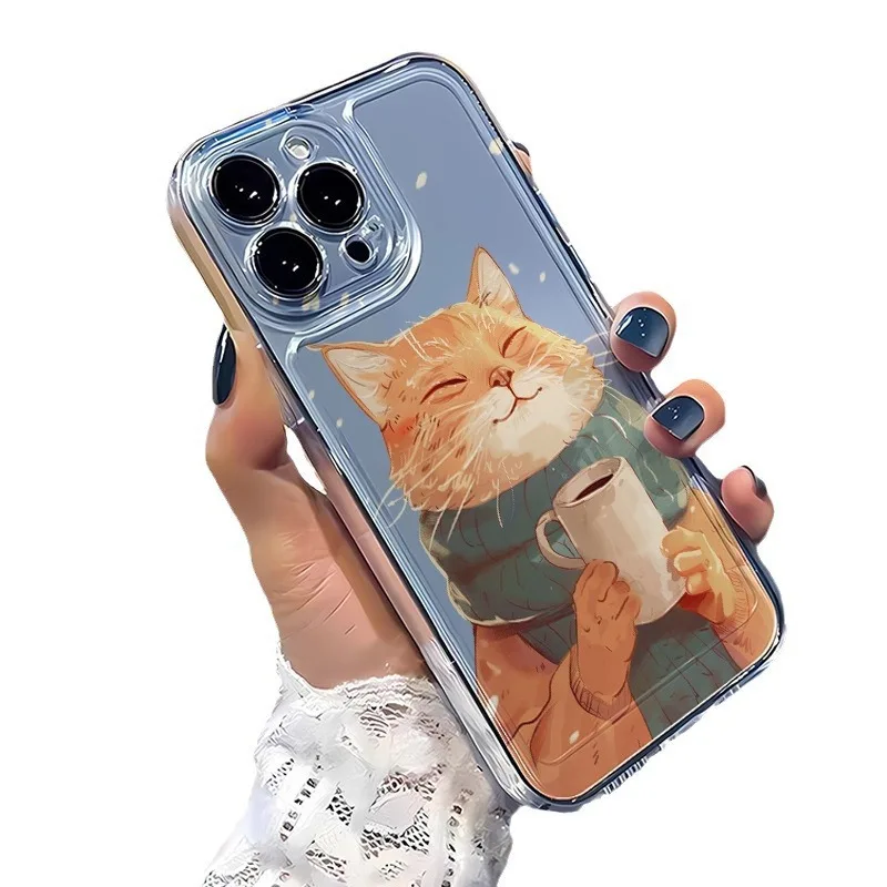 Cat With Cup of Tea Phone Case For iPhone 16 15 14 13 12 11 Pro XS MAX 7 XR 8 7 Plus Clear Cover Fundas