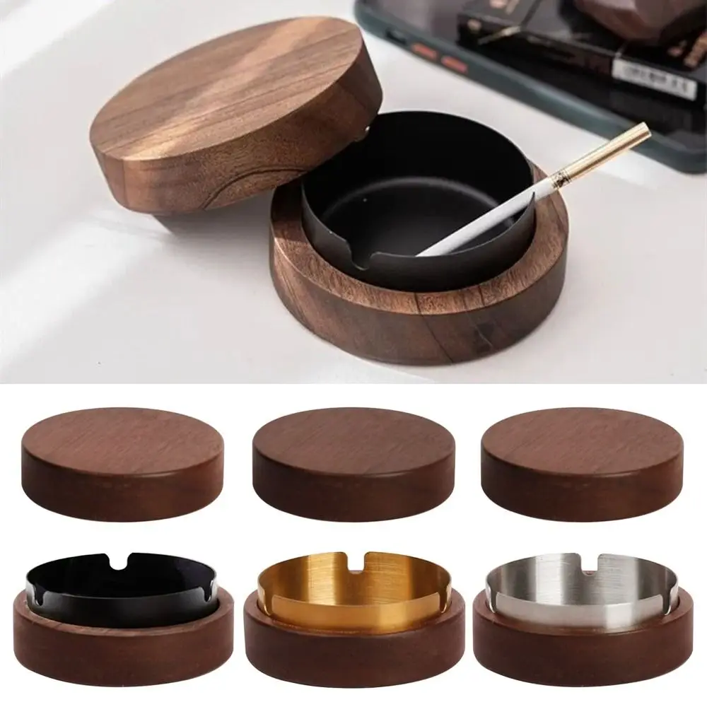 Walnut Wood Ashtrays With Lid Covered Windproof Ashtray With Stainless Steel Liner Indoor Outdoor Ash Tray