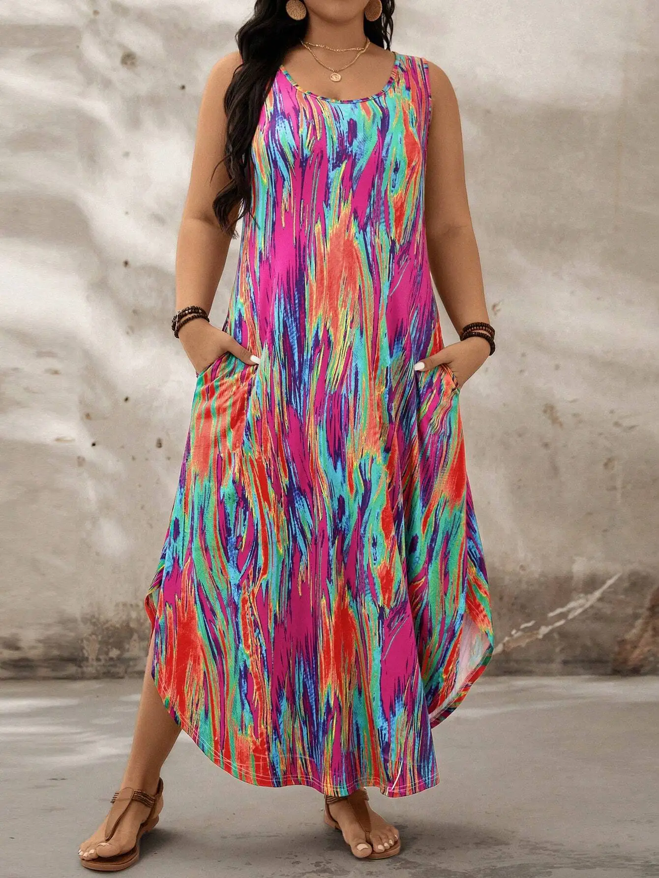 

Sleeveless Round Neck Colorful Abstract Print Long Dress Beach Sundress Boho