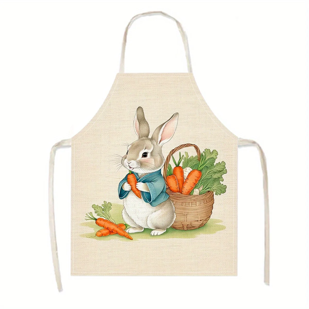 1pc Cute Rabbit With Carrots Apron Linen Fabric Kitchen Cooking Baking BBQ Grill Gift For Women Men Home