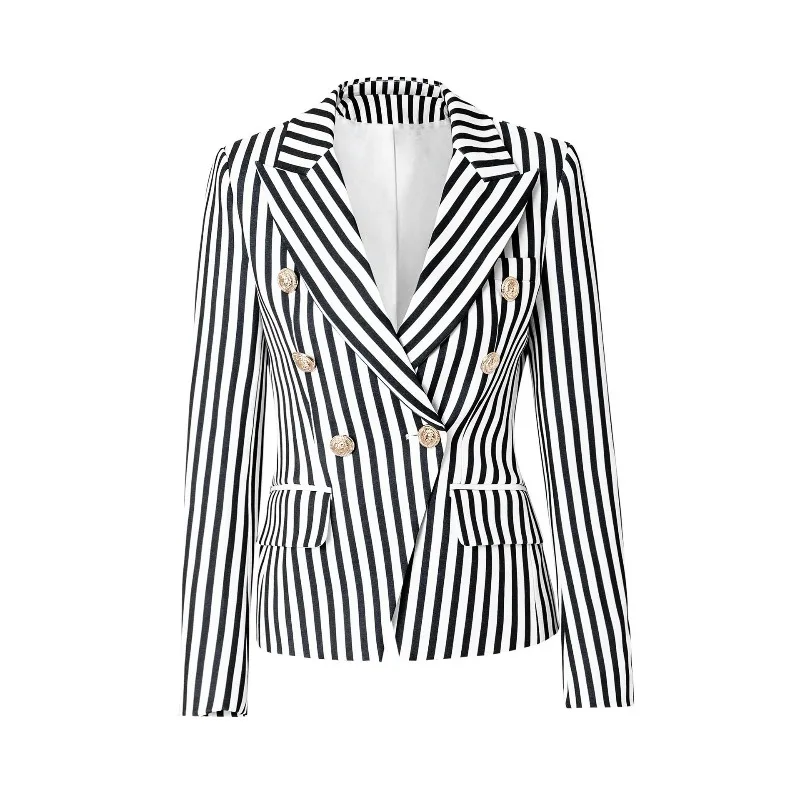 Women Vertical Striped Blazer Notched Lapel Double Breasted Gold Metal Buttons Cropped Slim Fit Vintage Office Casual Suit Jacke