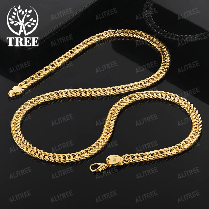 ALITREE 18K Yellow Gold 6mm Cuban Chain Necklaces For Men Woman Fashion Party Wedding Birthday Hip Hop High Quality Jewelry Gift