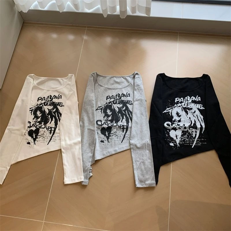 

Американская винтажная футболка с длинным рукавом в стиле Харадзюку, топы с круглым вырезом и принтом черепов, повседневные готические осенние футболки в стиле панк, шикарная одежда