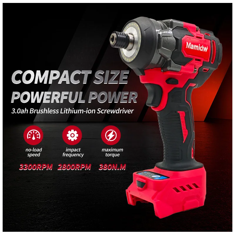 Mamidw 380N.m Cordless Electric Impact Screwdriver 3300RPM Brushless Electric Driver Drill For Milwauk 18V Battery