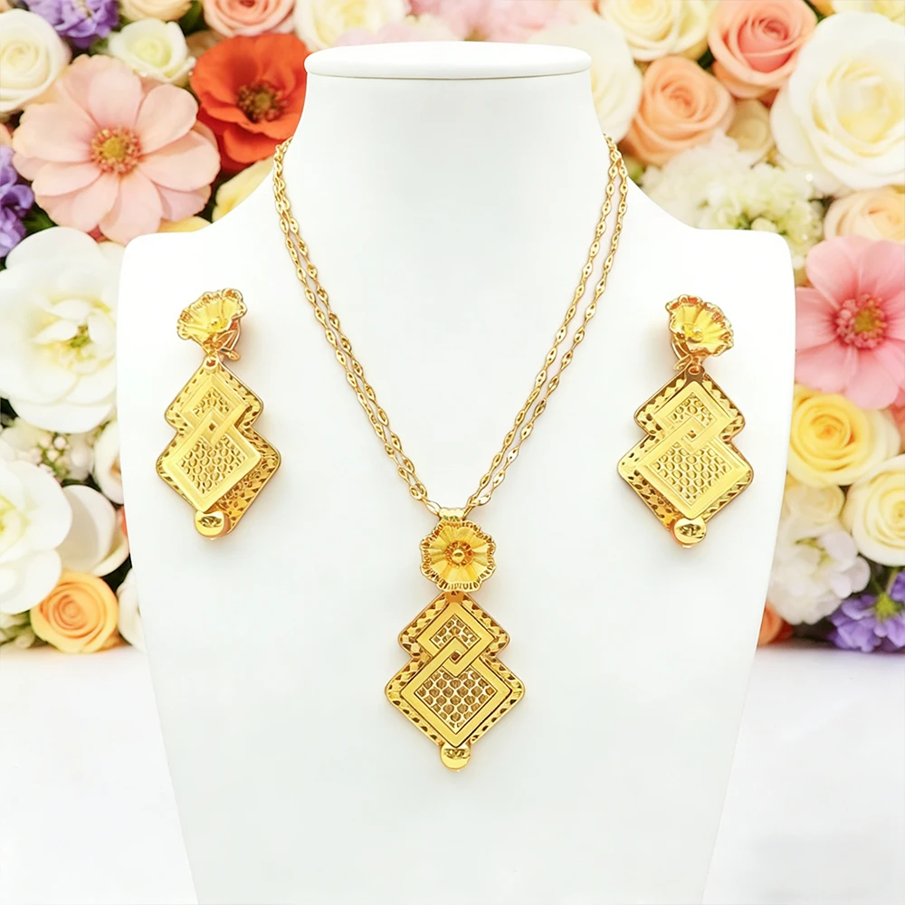 

African Drop Earring Dubai Necklace Jewelry Earring Set Middle East Necklace Jewelry Gold Color Necklace Set Party Wedding Gift