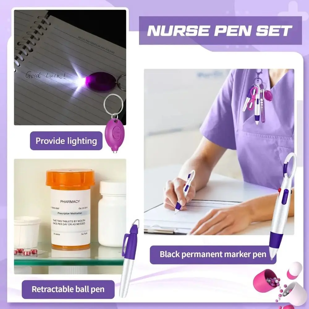 New 6-in-1 Multifunction Retractable Ball Pen Set Flashlight Foldable Permanent Marker Nurse Pens Portable Nurse Badge Set