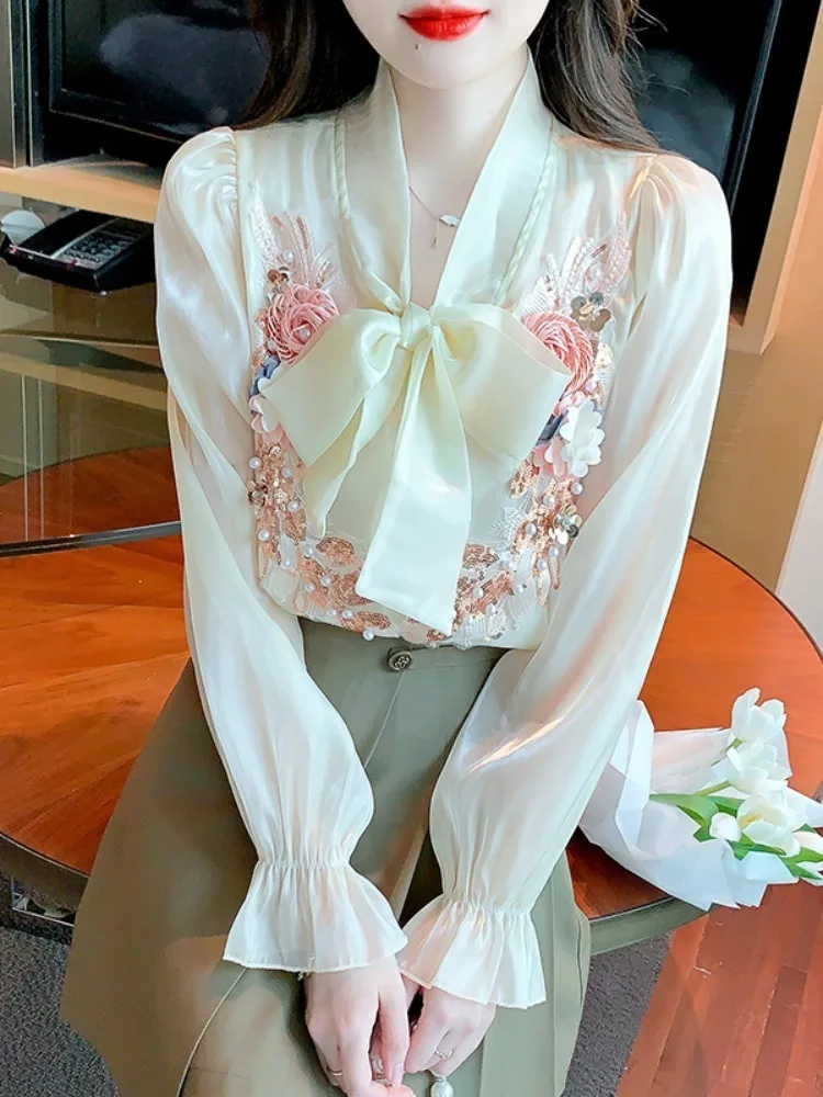 French Style White Shirt Elegant Bow Lace Up Floral Printed Blouse Women Elegant Long Sleeve Top Blusas Femininas