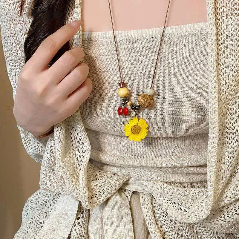 MOJOY Novelty Design Yellow Daisy Flower Resin Casting Process Walnut Beads Pendant Necklace Women Literary Style Neck Chain