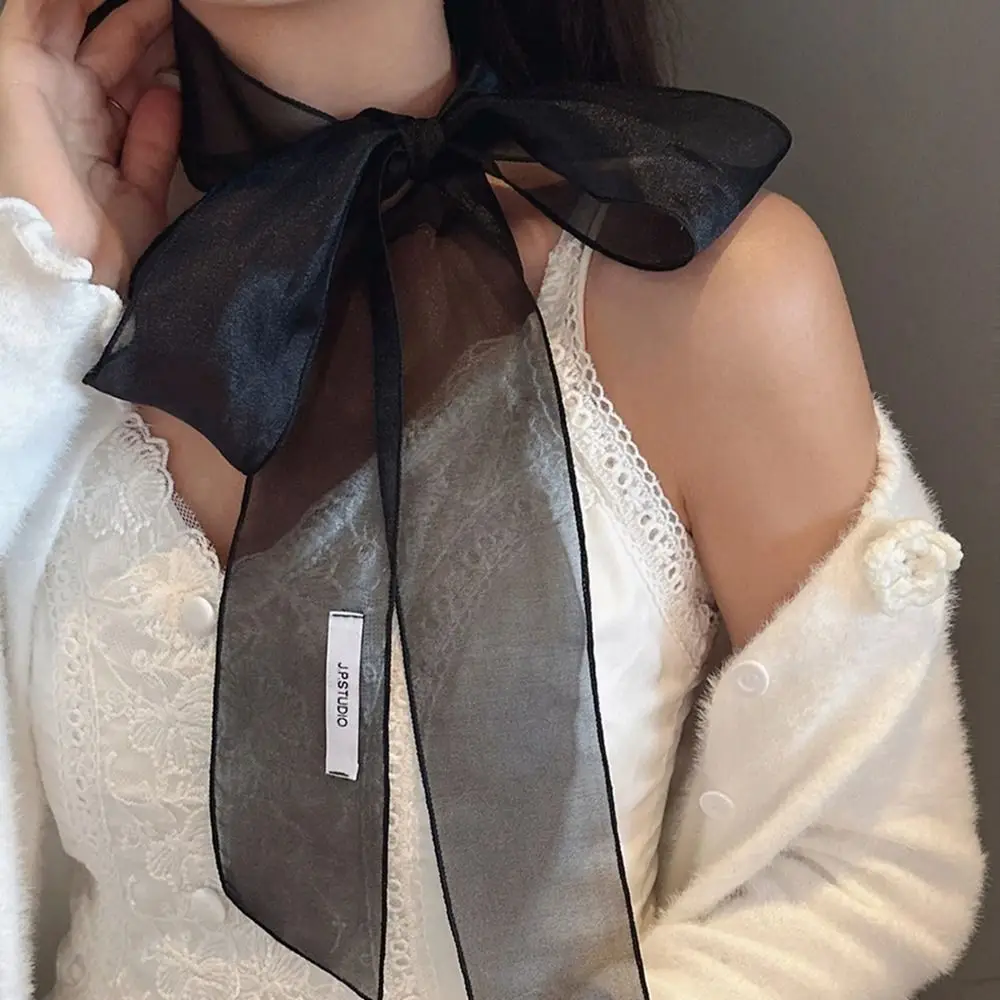 Elegant Silk Material Silk Scarf Pearl Shiny Thin Headband Korean Style Decorative Scarf Women