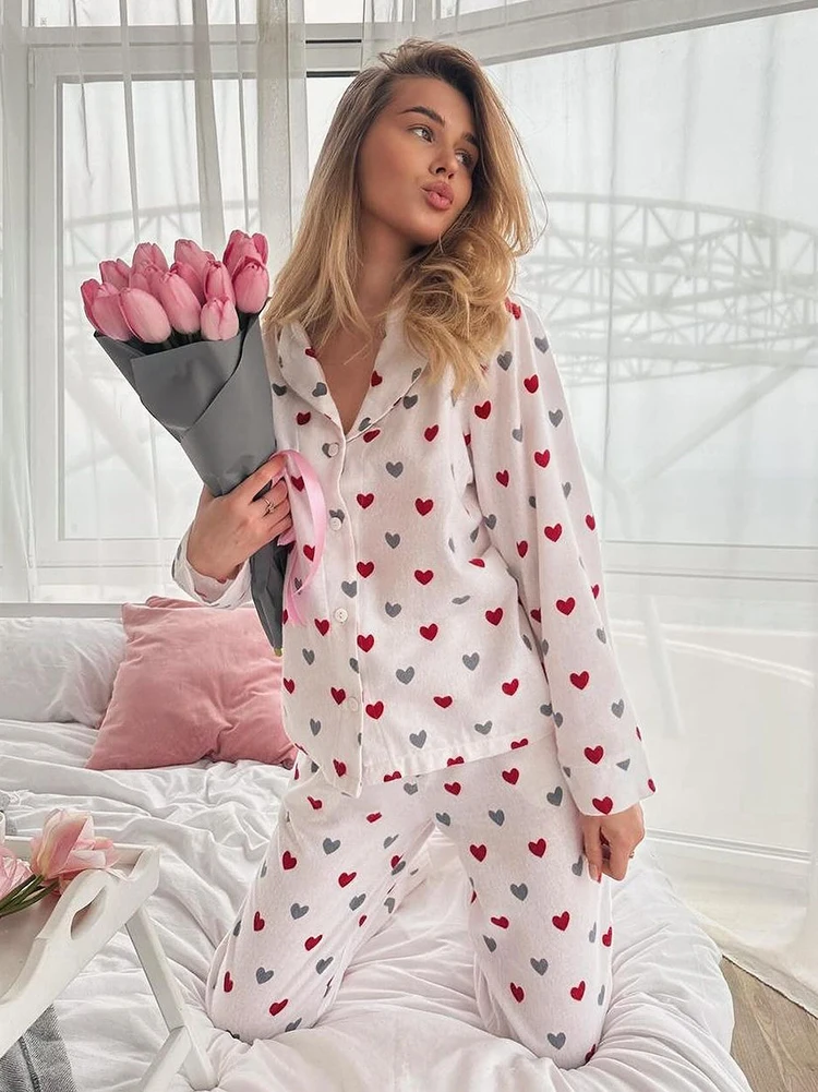 HiLoc Printing Heart Two Pieces Pajamas Sets With Pants Classic Oversize Shirts And Wide Leg Pants Sleepwear Outfits Female 2024