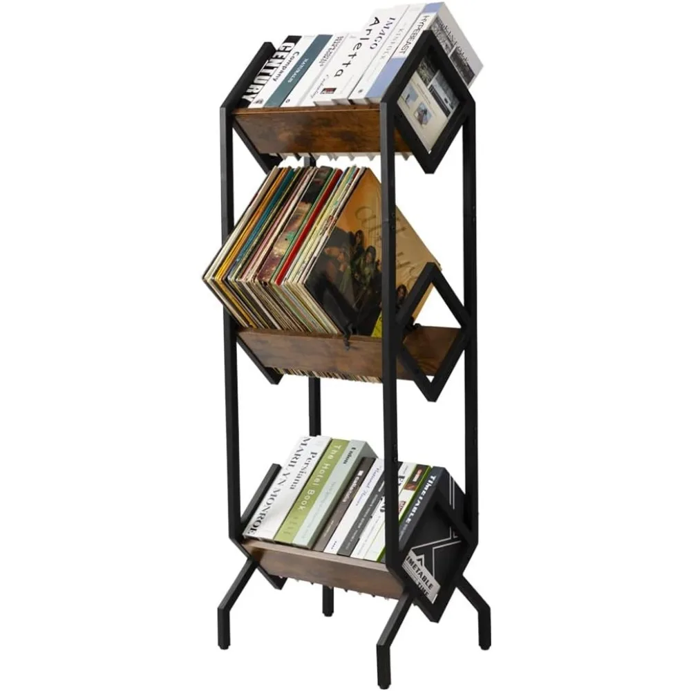 Bookshelf, Vinyl Record Holder, Book and Files Organizer with 3 Dividers, Rustic Brown Bookshelf