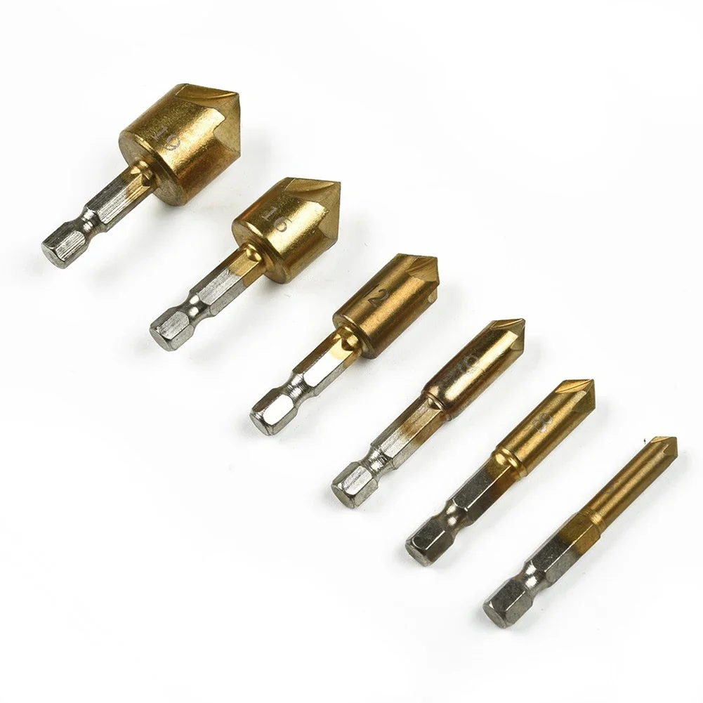 Chamfering Cutter Countersink Drill Hex Handle Hex High Speed Steel Set Shank 5 Flute 6mm-19mm 6pcs Countersink