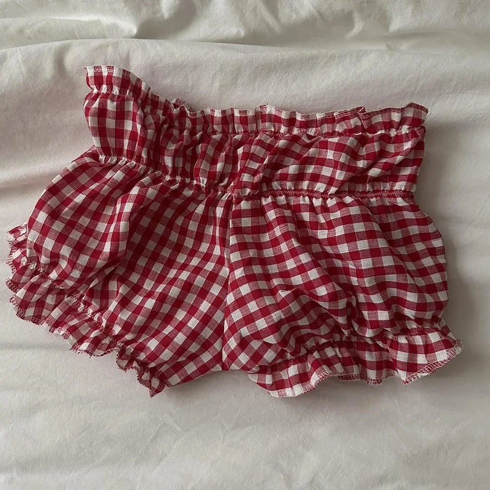 Mulheres Baixo Cintura Ruffles Calça Curta, Lolita Pettipants, Xadrez, Plissado, Elástico, Vermelho, Bolo, Bonitinho, Garota, Y2K