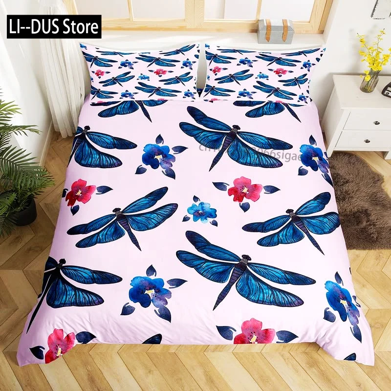 الأزهار اليعسوب طقم سرير غطاء لحاف للأطفال بنين بنات المعزي غطاء لحاف نباتي مع 2 المخدة الحجم الكامل