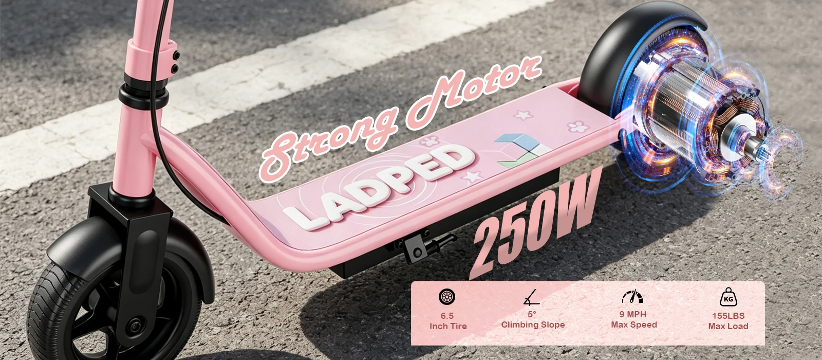 AOVOPRO LB65PRO Elektroroller für Kinder 250W 6,5 Zoll Kinder-Elektroroller 15KM/H Höchstgeschwindigkeit 5-16KM Rosa Schwarz E-Scooter – Detail 4